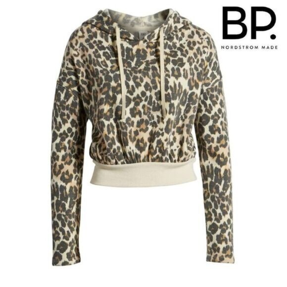 BP. Beige Birch Leopard Print Crop Drawstring Hoodie Sweatshirt Lightweight - Picture 4 of 4